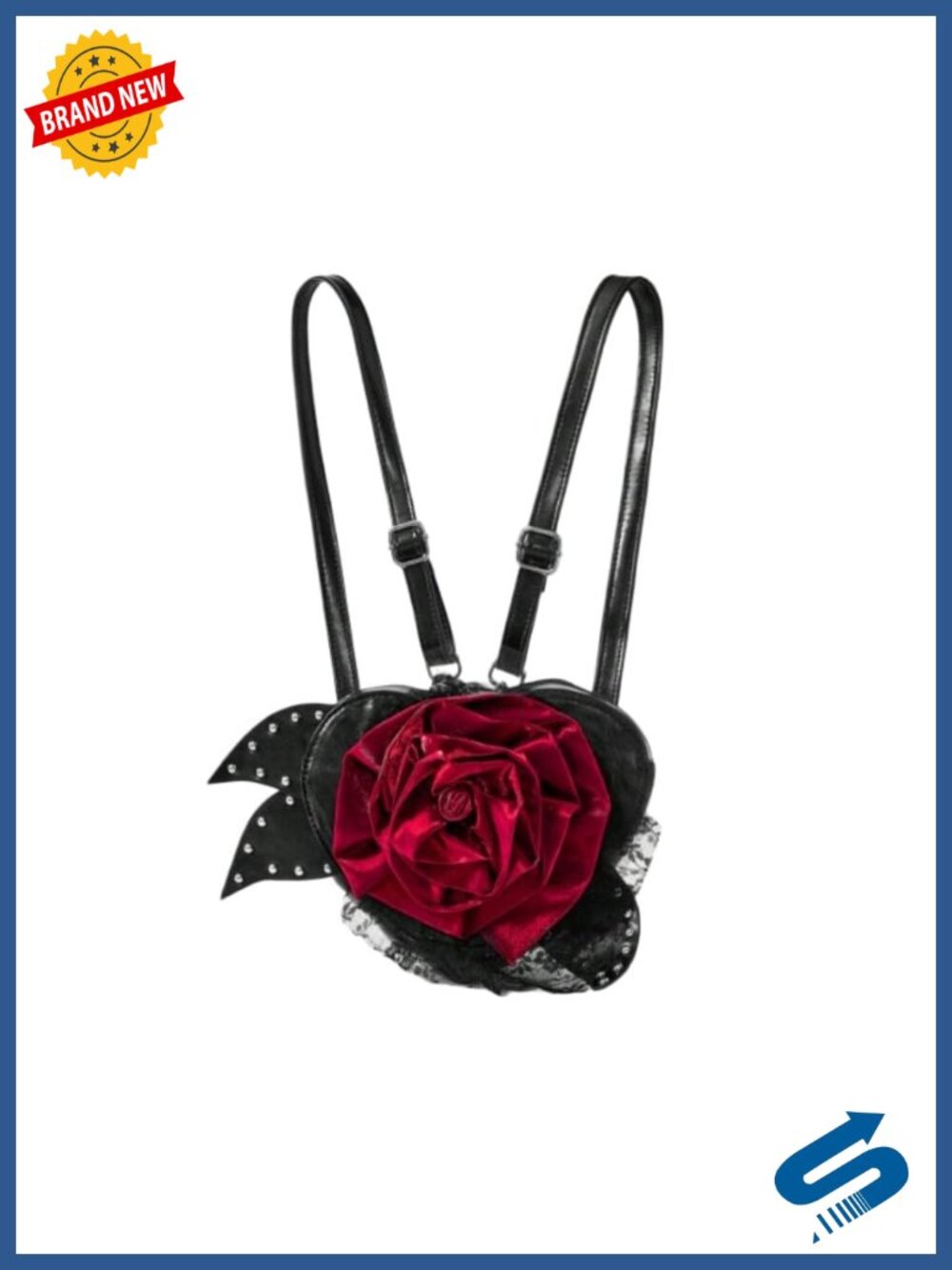 Gothic Heart Backpack with Red Rose, Studded Bow, Convertible Straps, Lace Trim